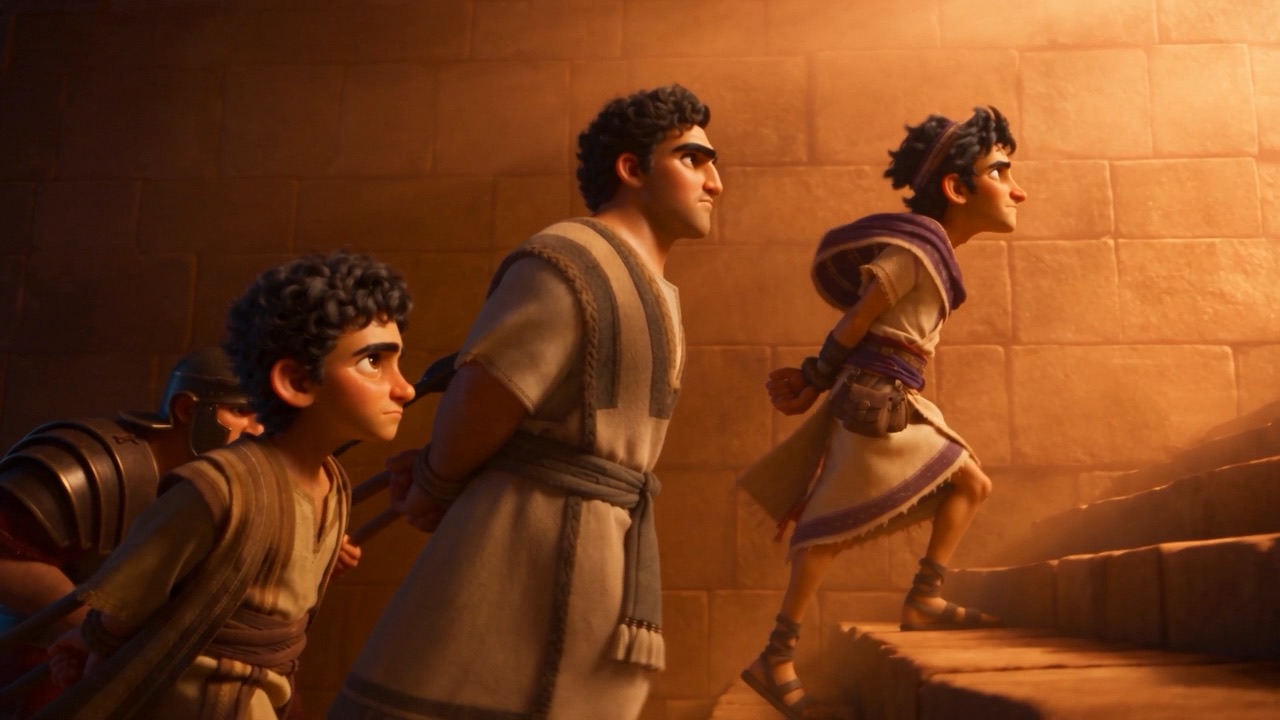 They walk the long stairs toward the burning doorway