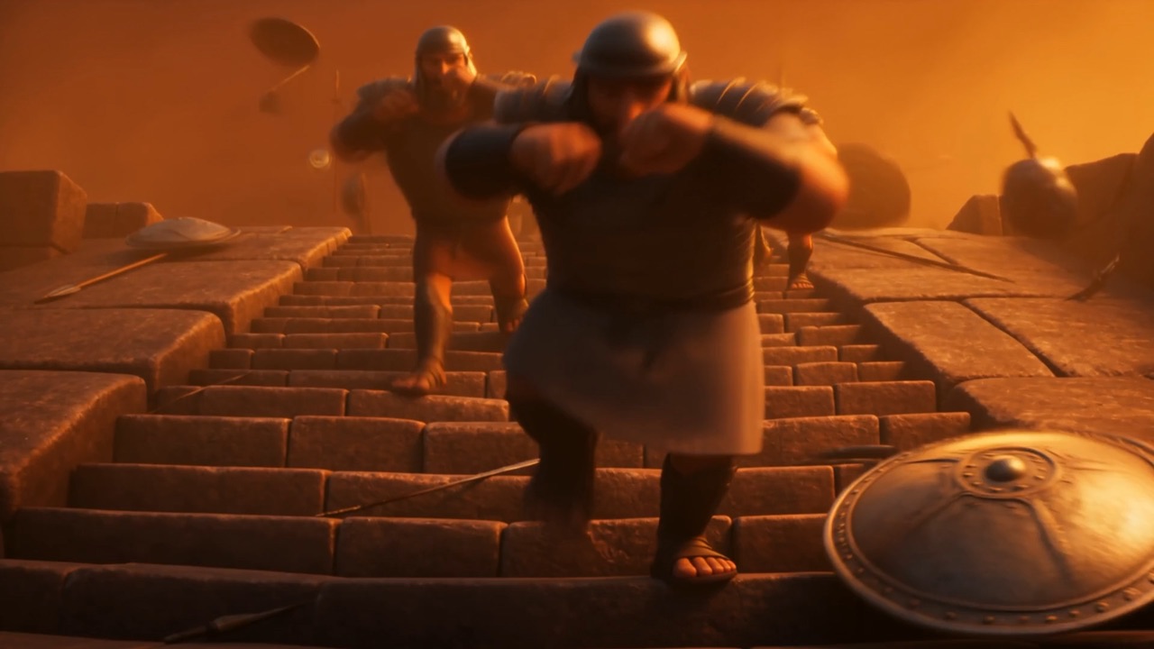 The heat blast hurls the guards back down the stairs