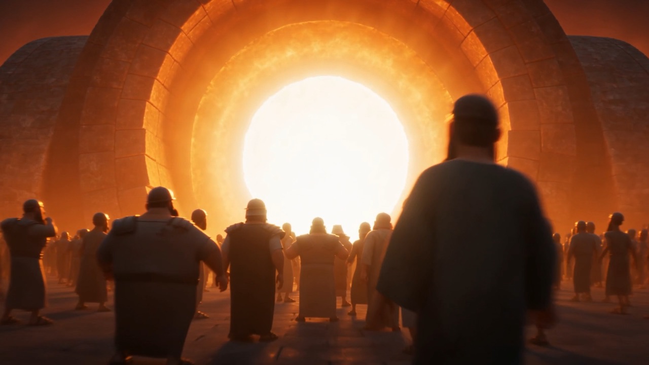 The crowd recoils from the roaring mouth of the furnace