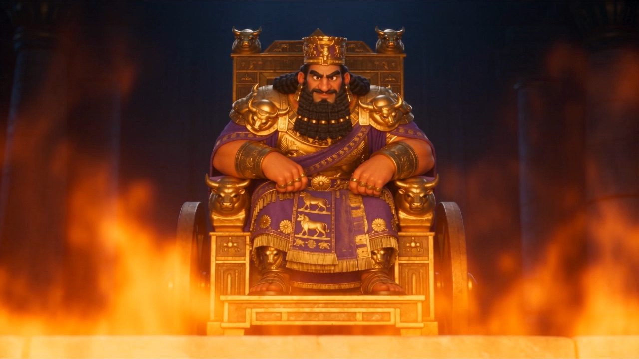 The king on his throne against a wall of flame