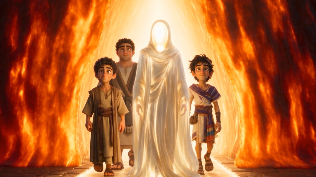 The flames arch around them like a cathedral