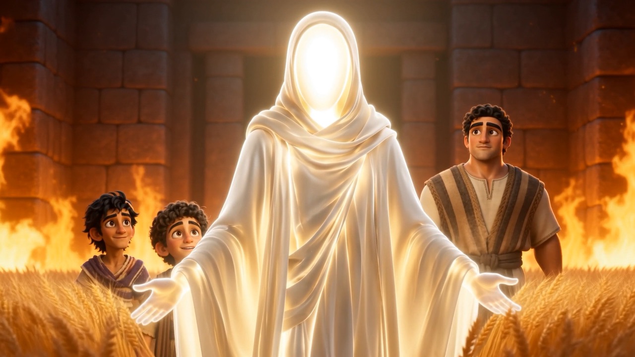 Where he walks, the fire turns to a field of golden wheat
