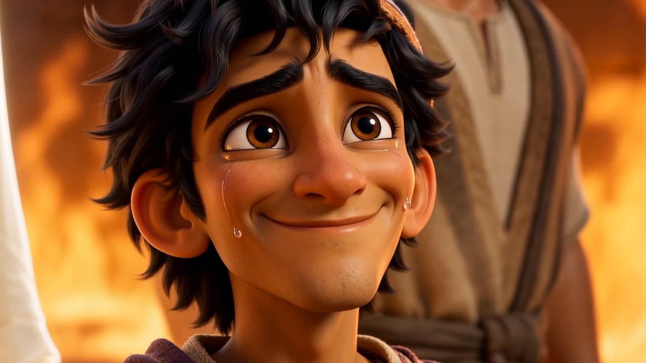 A tear rolls down Azariah's smiling face
