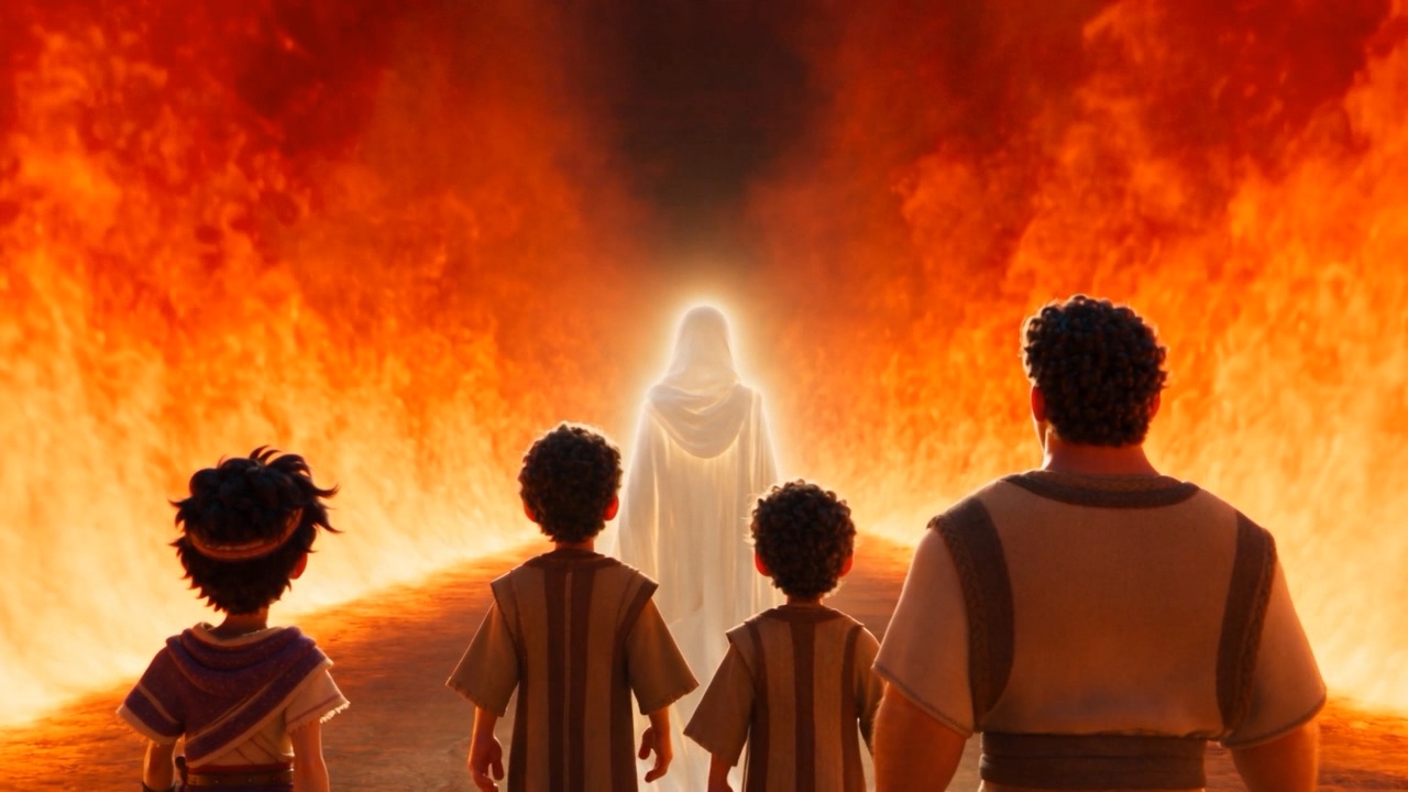 The four walk the fire together, unhurried