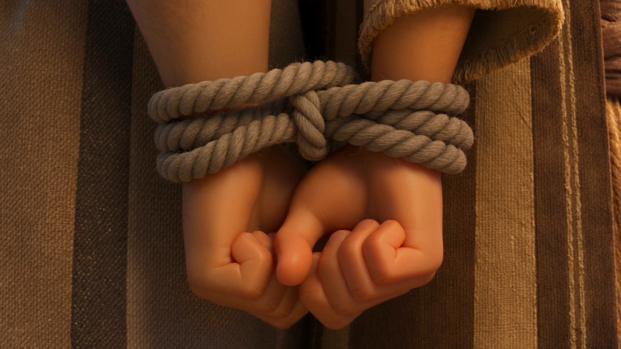 Bound fists — the rope still knotted tight