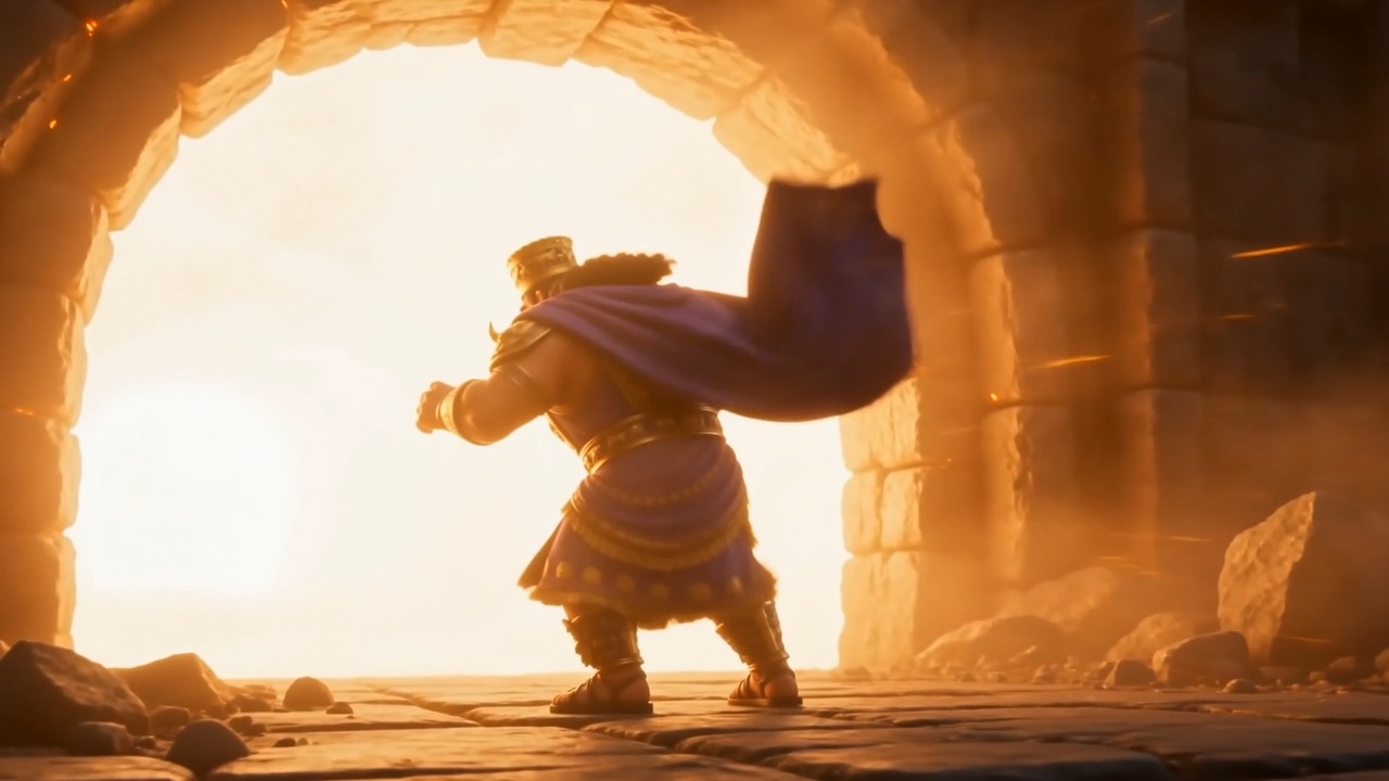 His cape whips as he nears the furnace mouth