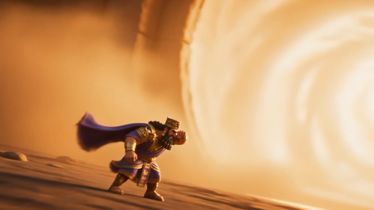 The king strides alone toward the storm of light