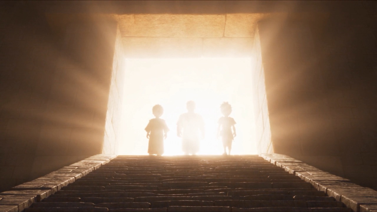 At the top of the stairs, three figures step out of the white