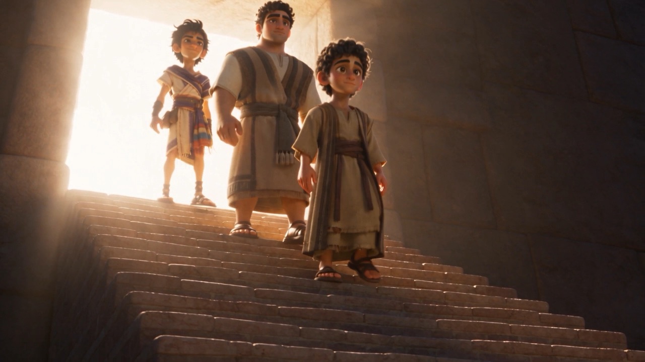 They walk down the long stairs, whole and unhurried