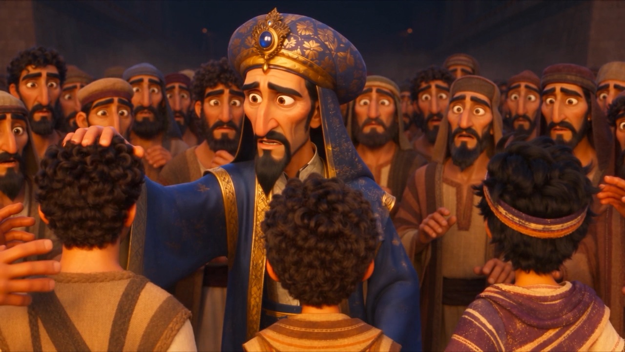 The vizier pats Hananiah's hair, checking for singe