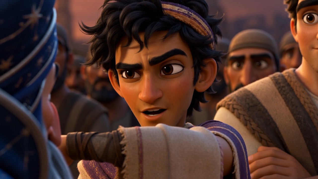Azariah cheerfully points back at the furnace, explaining