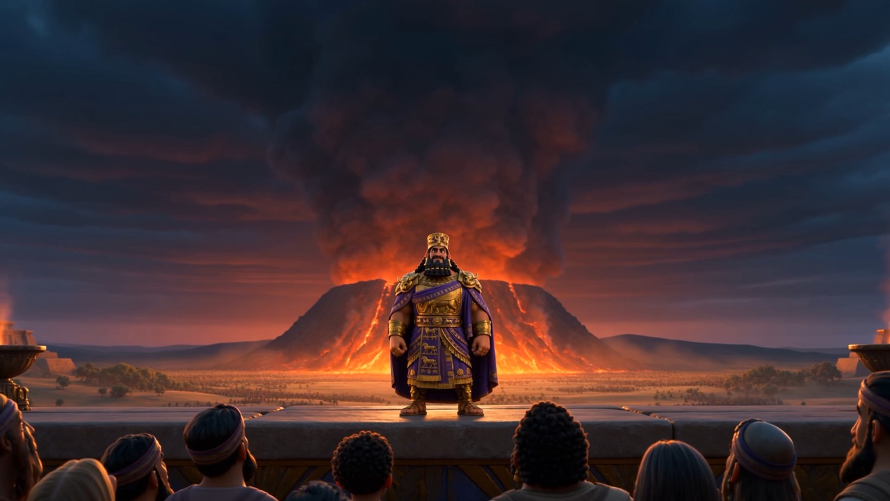 Before the smoking furnace-mount, the king spreads his arms to the crowd