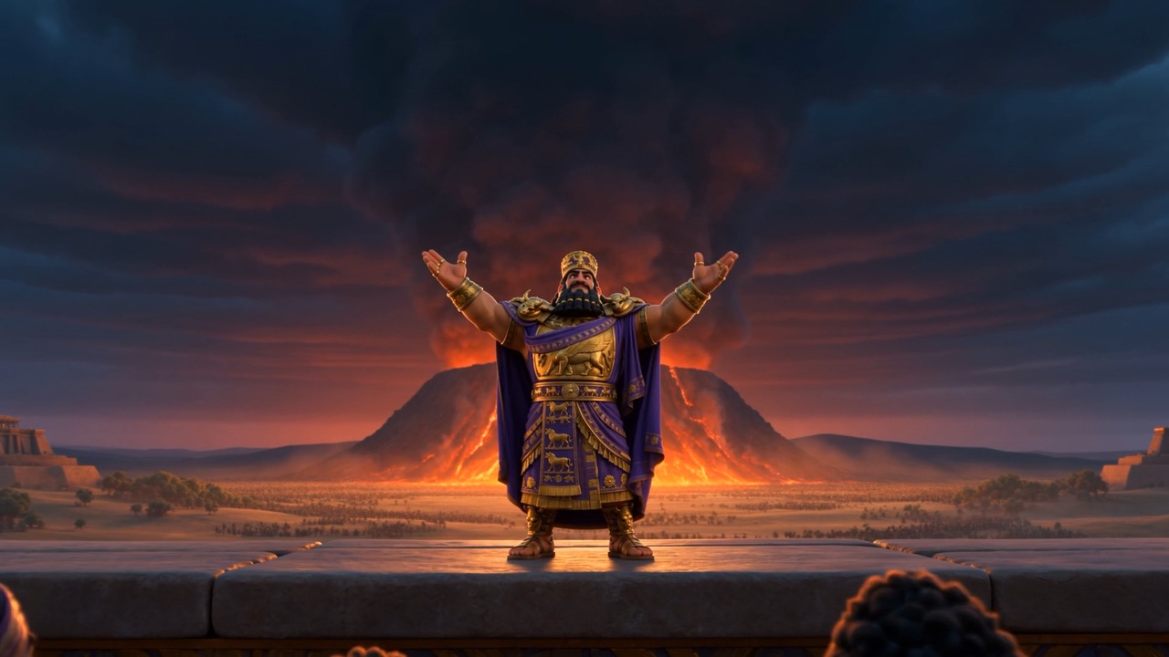 Arms high, Nebuchadnezzar proclaims to the plain