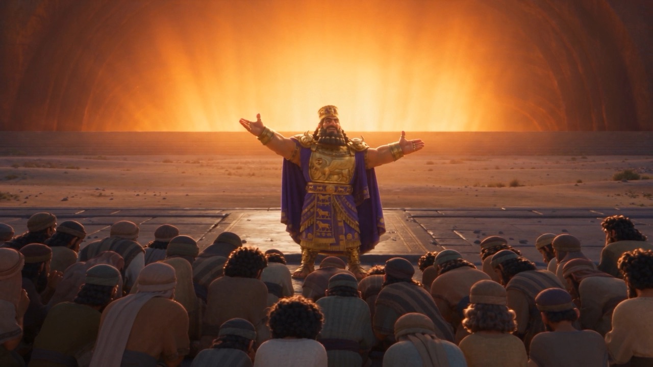 The bowed crowd listens as the king decrees