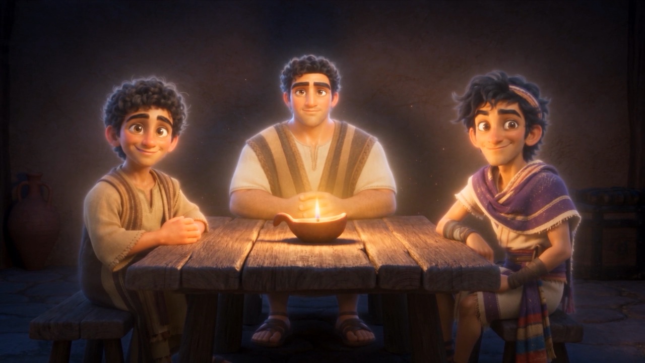 Three gentle golden auras in the lamplight