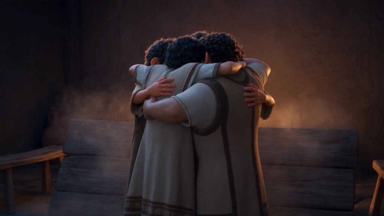 The four crush together in a hug