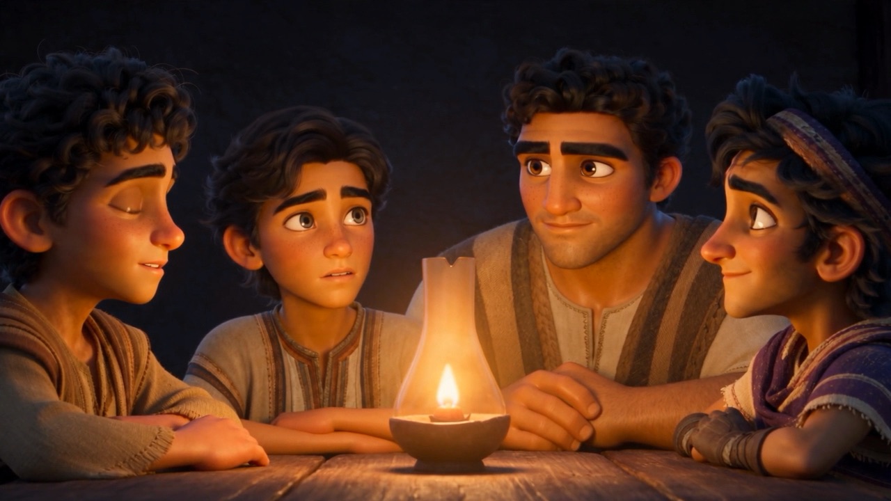 Four faces around one flame, telling the story