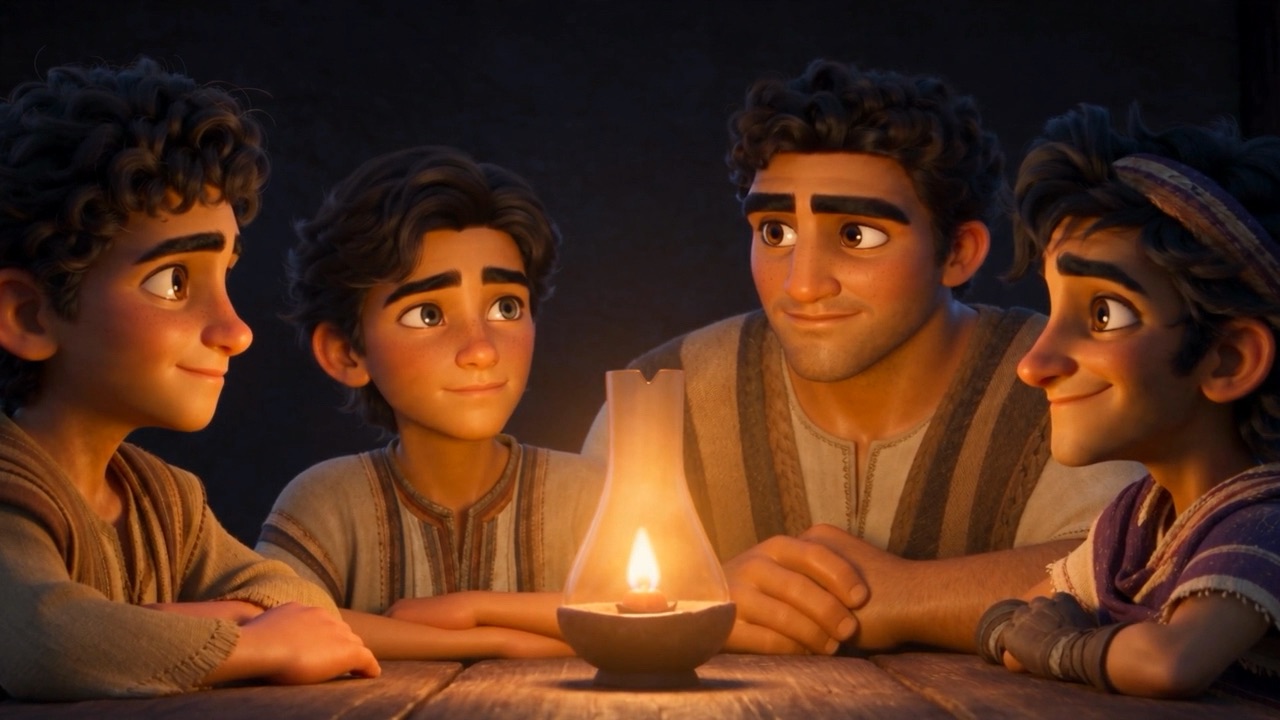 Four faces glow around the small flame as the story is told