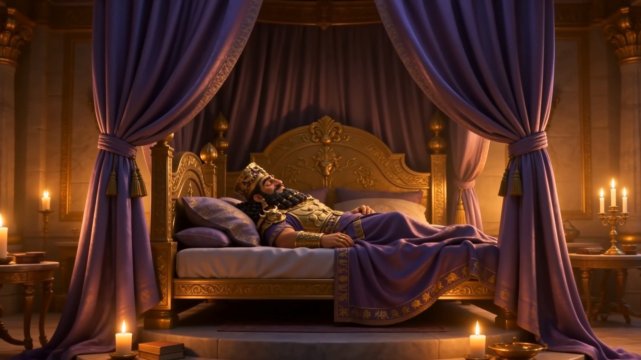 The king asleep beneath purple canopies, candles low