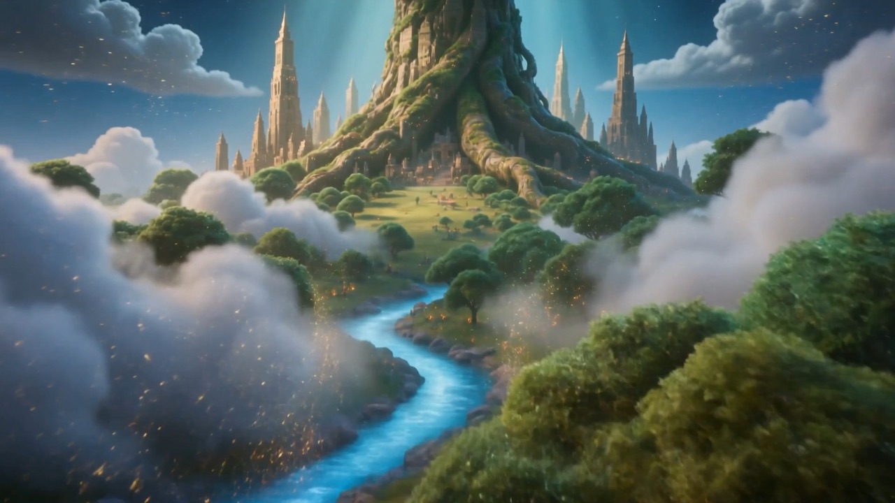The dream opens on a green island above the clouds, a river winding through it