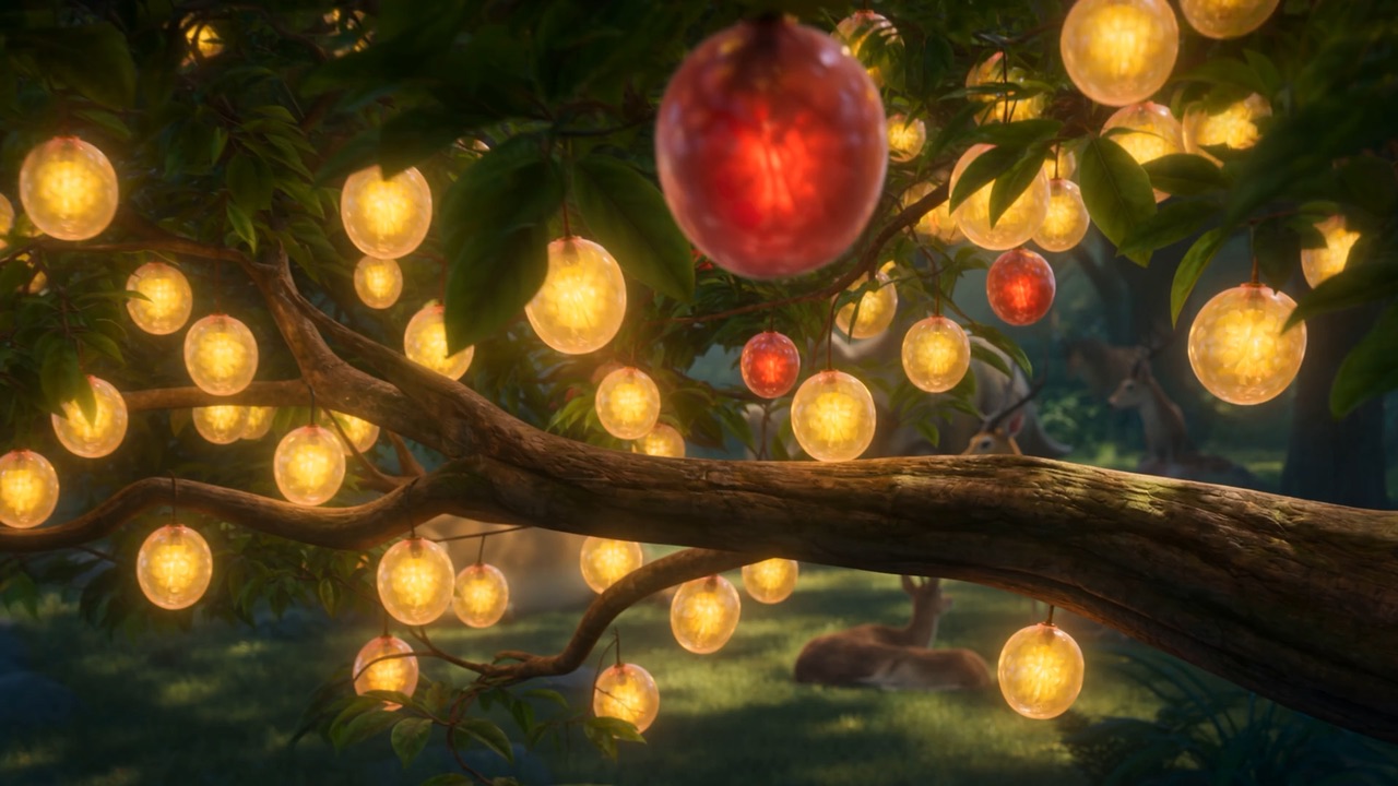 Branches hang with fruit that glows like lanterns