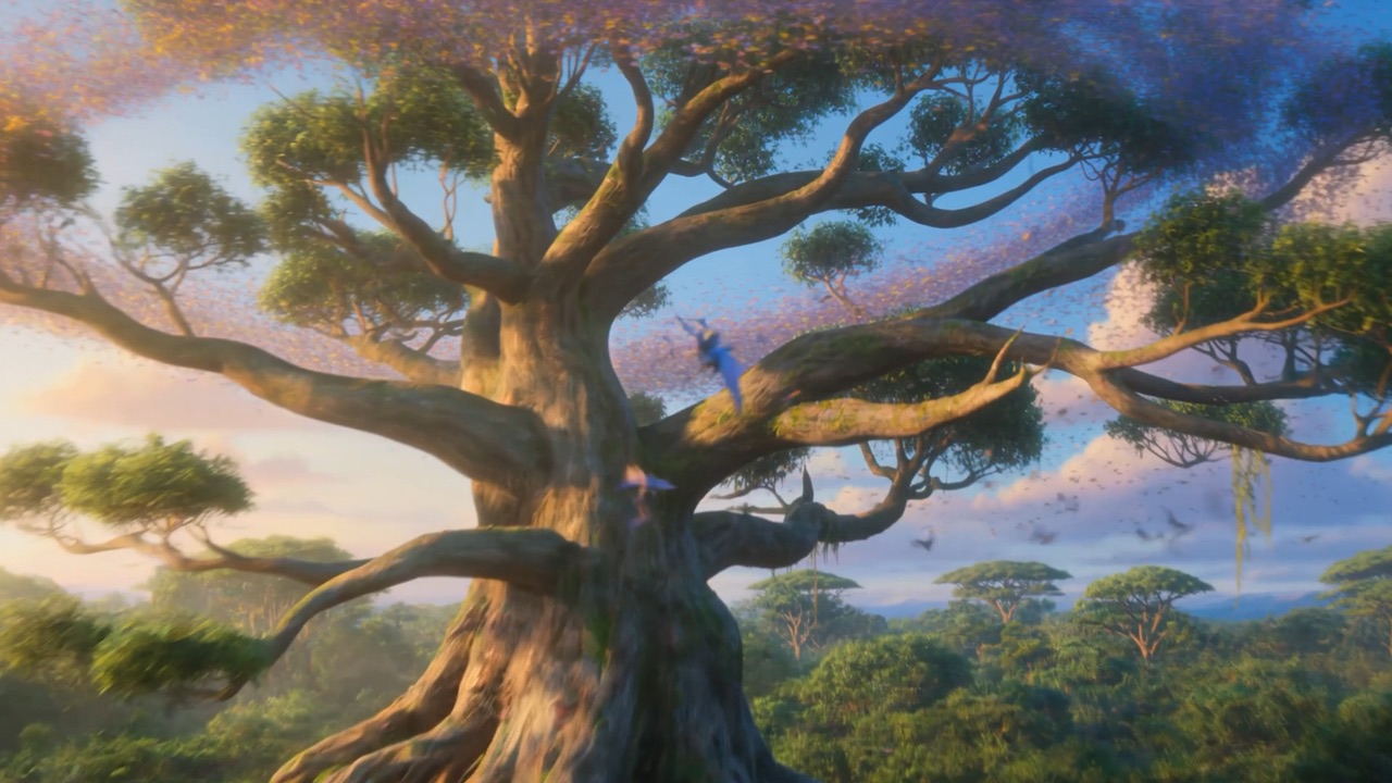 The great tree stands golden in the evening light
