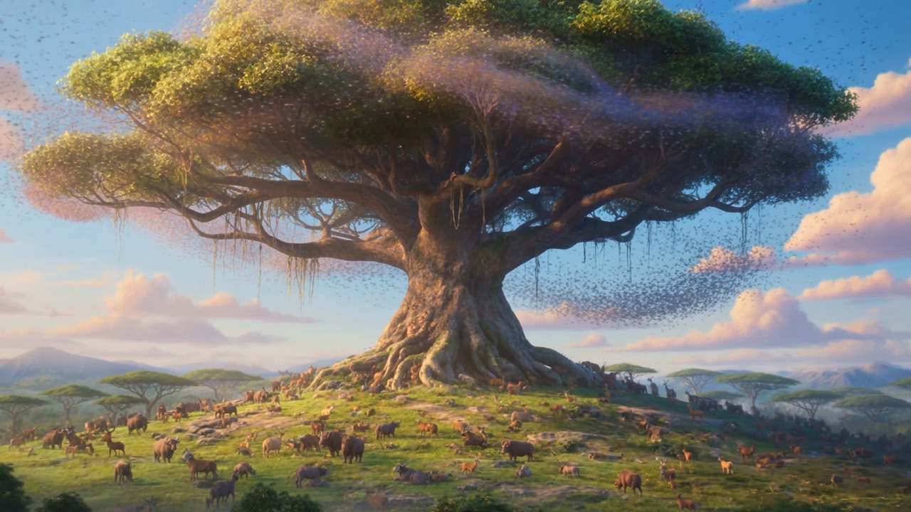 Herds graze around the great tree to the horizon