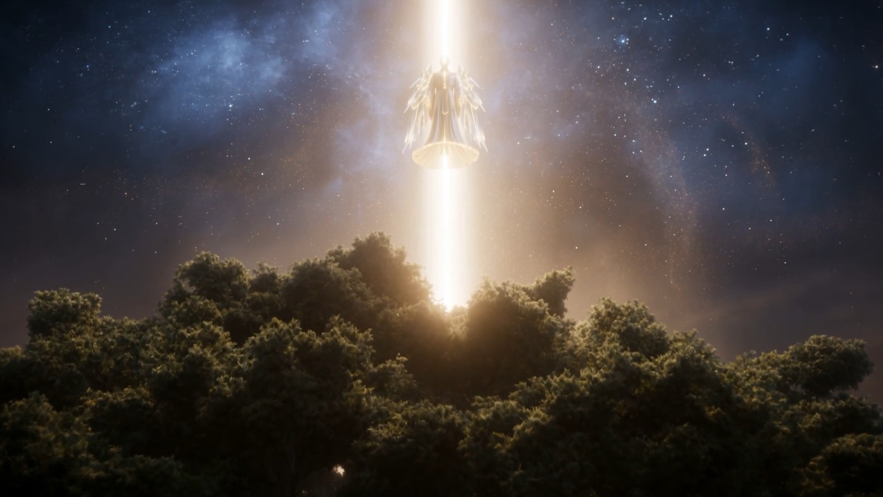 A beam of white light splits the night sky above the tree