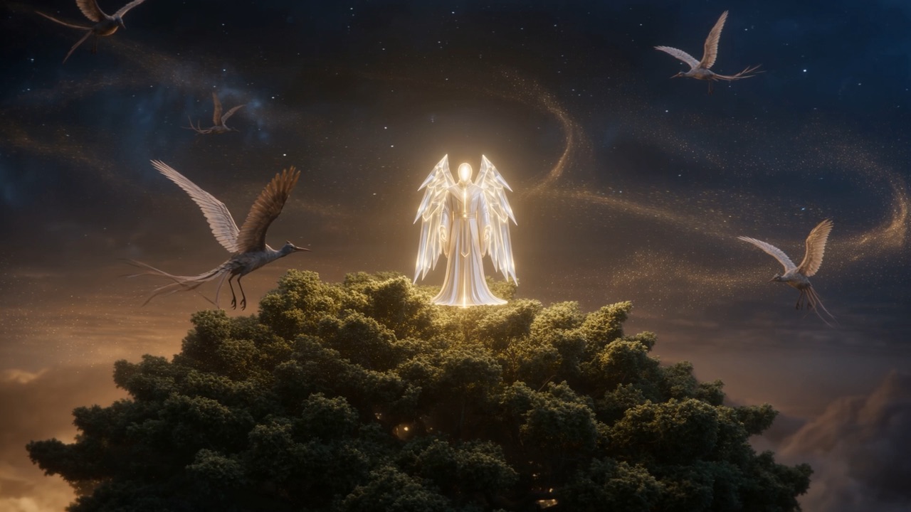 A shining figure descends onto the canopy as birds scatter