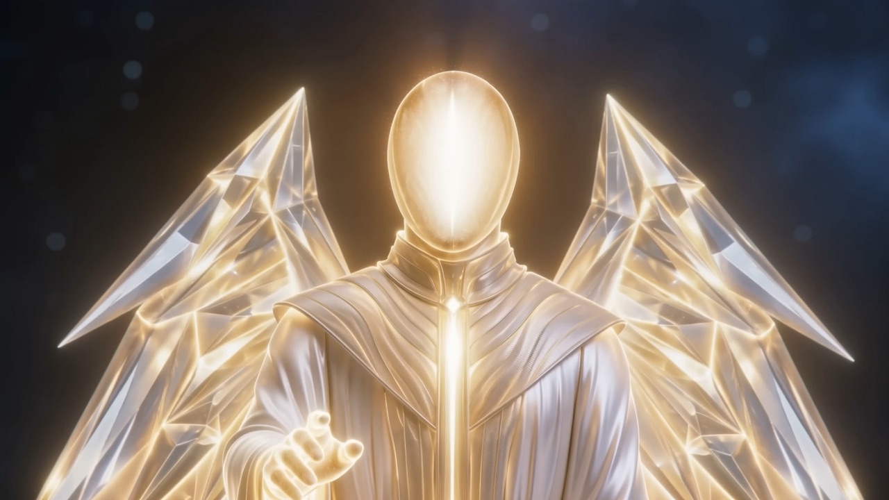 A watcher — crystal-winged, faceless, burning white
