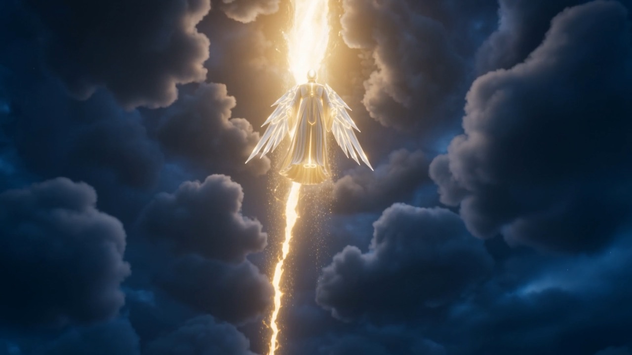 Lightning falls with him through the storm clouds