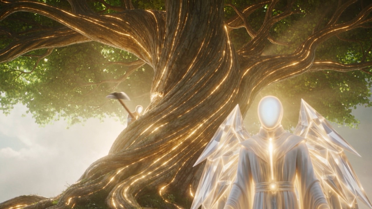 At the trunk, the watcher raises an axe