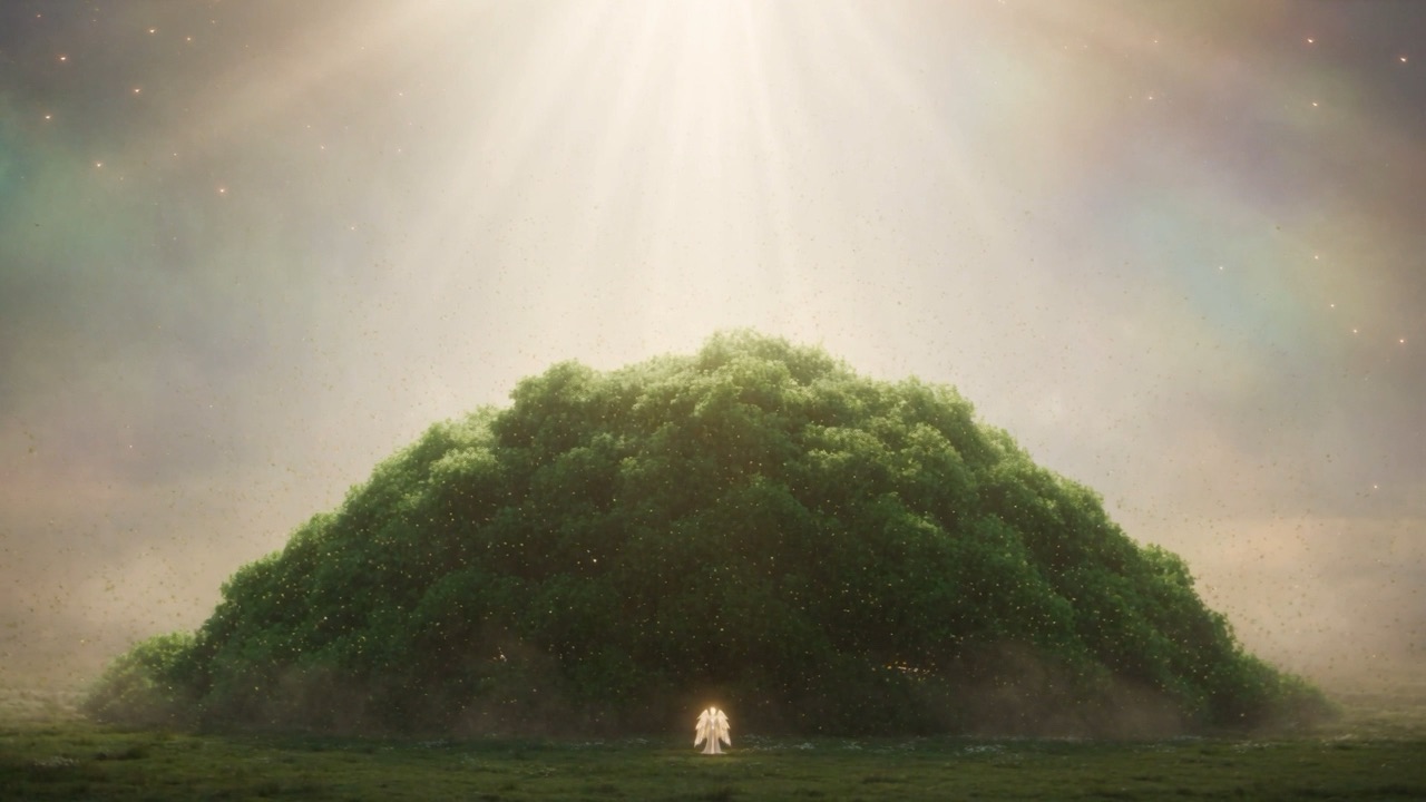 The felled canopy lies in the mist — the watcher stands before it