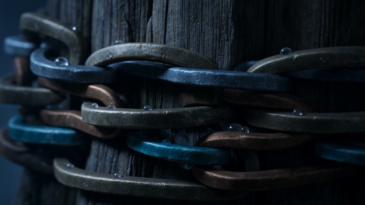 The chains up close, wet with dew
