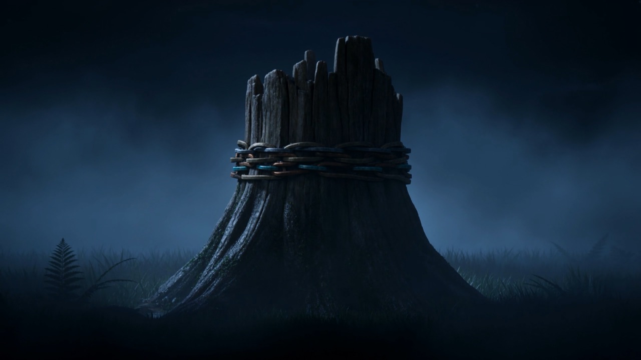 The chained stump waits in the fog