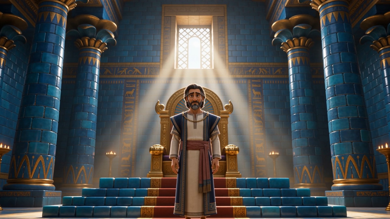 Daniel — grey now, decades on — stands in the blue throne hall
