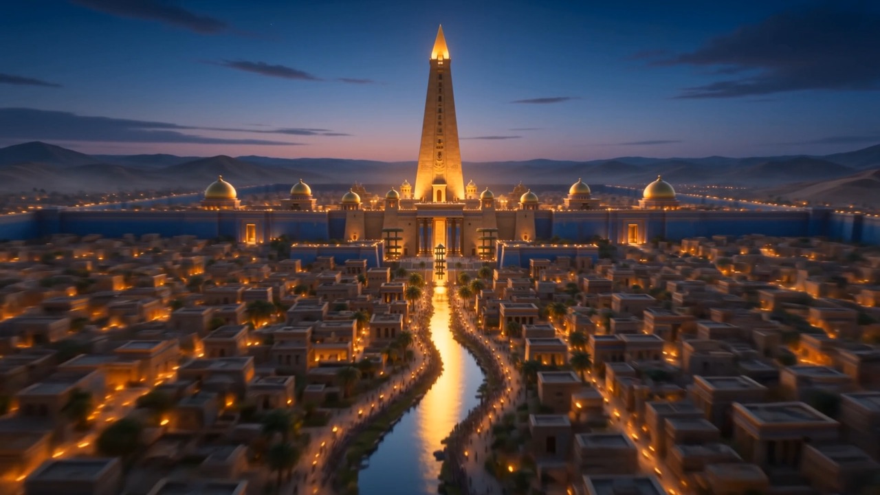 The king walks the terrace at sunset, city below