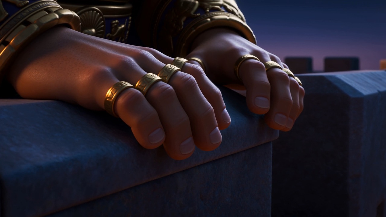 His ringed hands grip the parapet stone