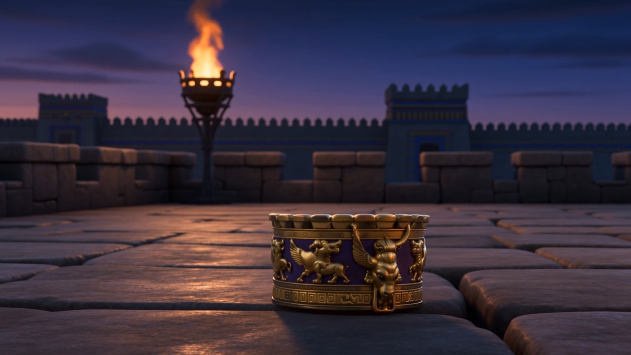 The crown lies on the pavement in the torchlight