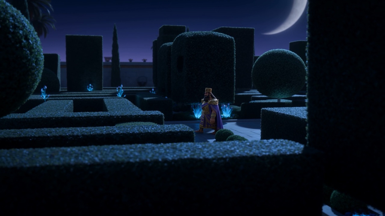 A small purple figure wanders into the dark garden maze