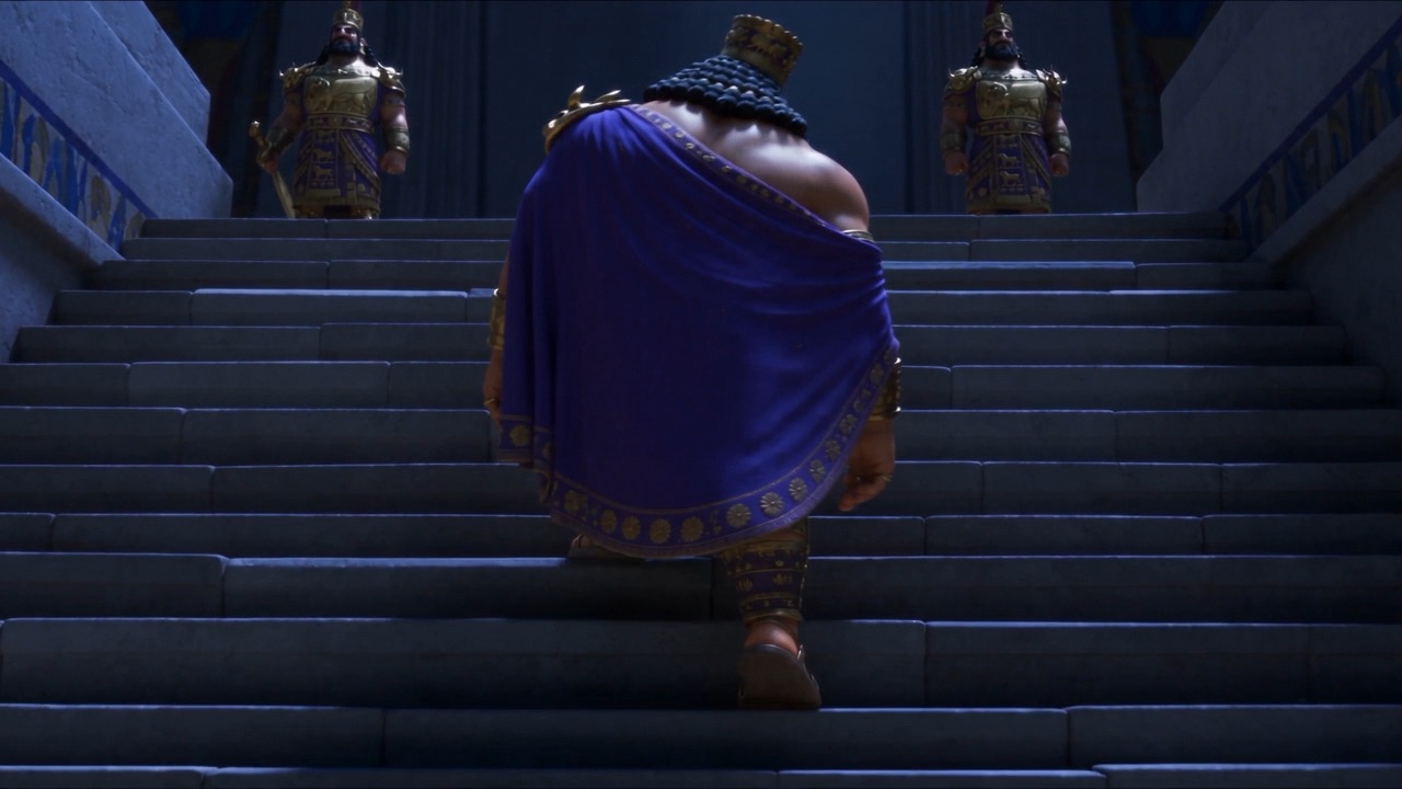 Stripped of his gold, the king stumbles down the palace stairs