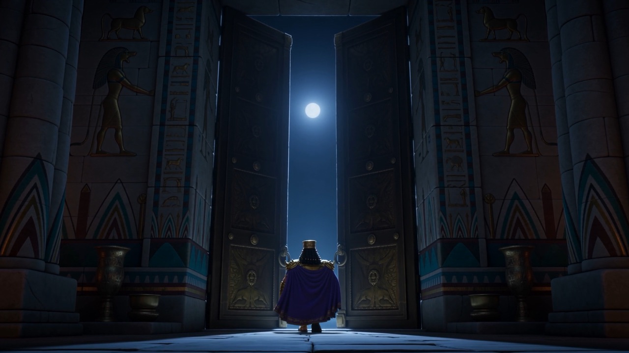The great doors open onto moonlight — he walks out alone