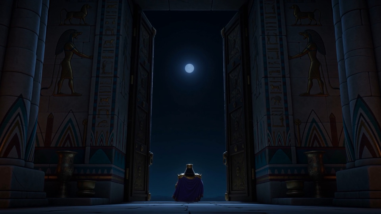A tiny cloaked figure leaves the palace behind
