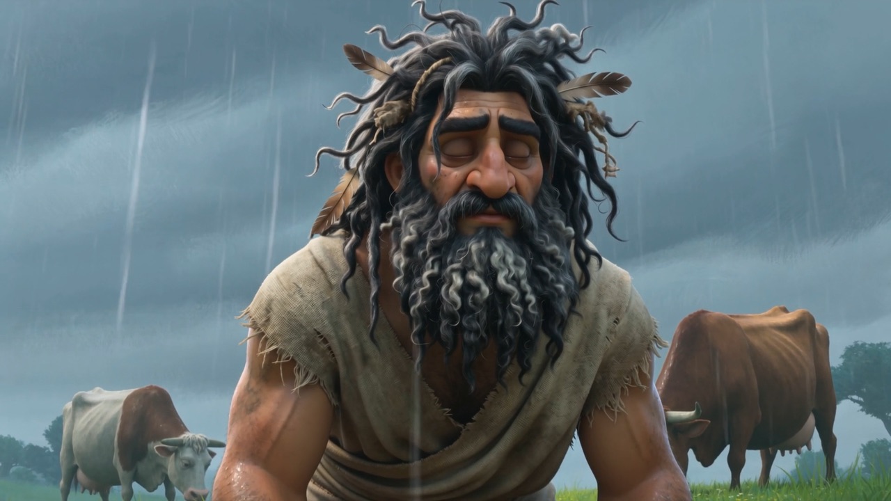 Wild-haired and matted, feathers tangled in his mane, rain on his face