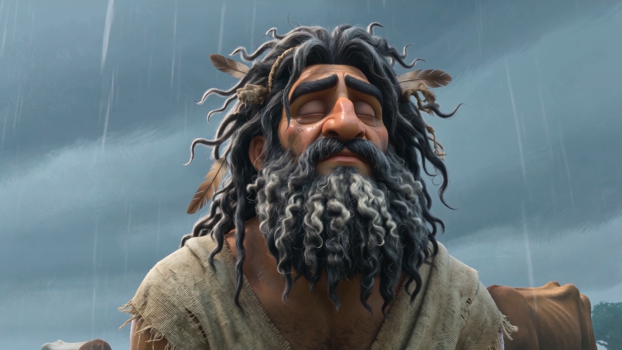 He closes his eyes in the rain, an animal among animals