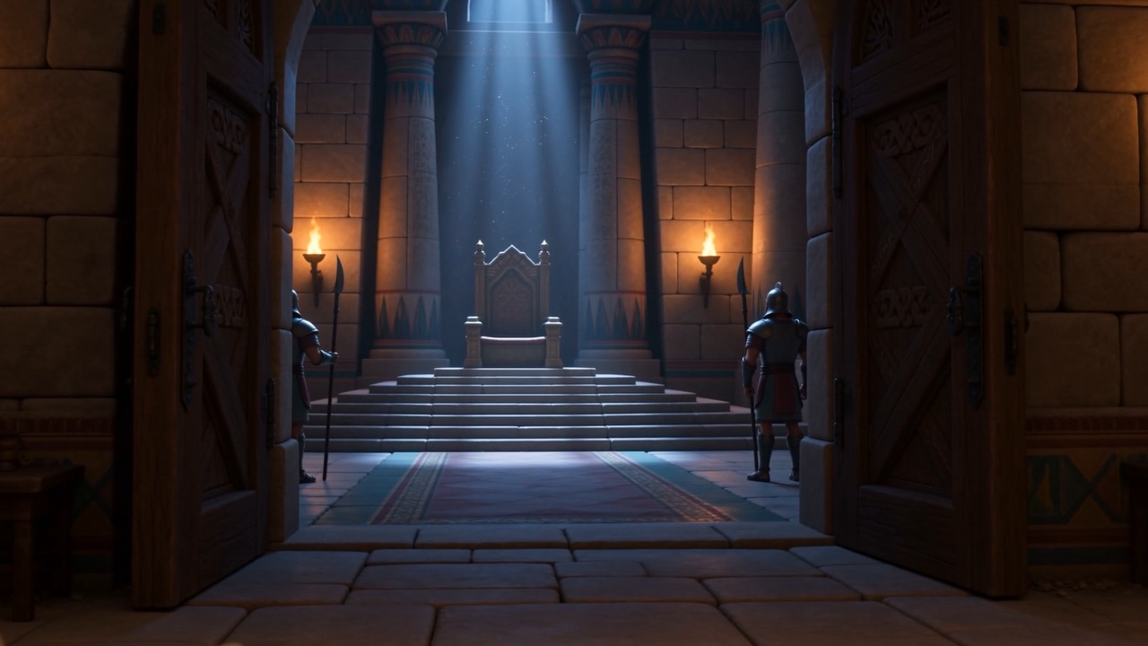 The throne room stands empty, doors open on the dark