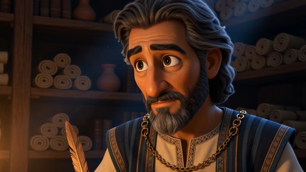 Daniel looks up from the scrolls, listening to the silence