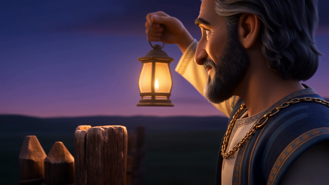 At the field fence at dusk, Daniel lifts a lantern