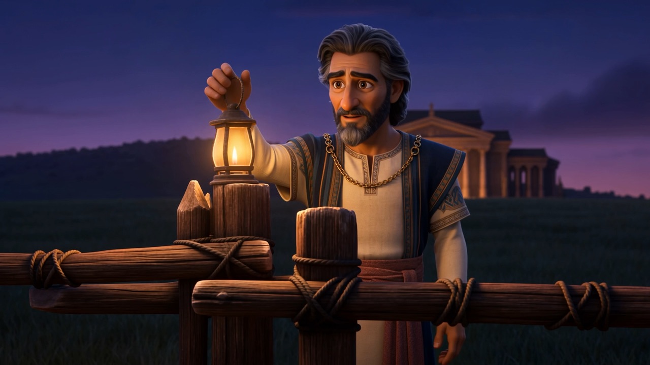He hangs the lantern on the fence post, burning