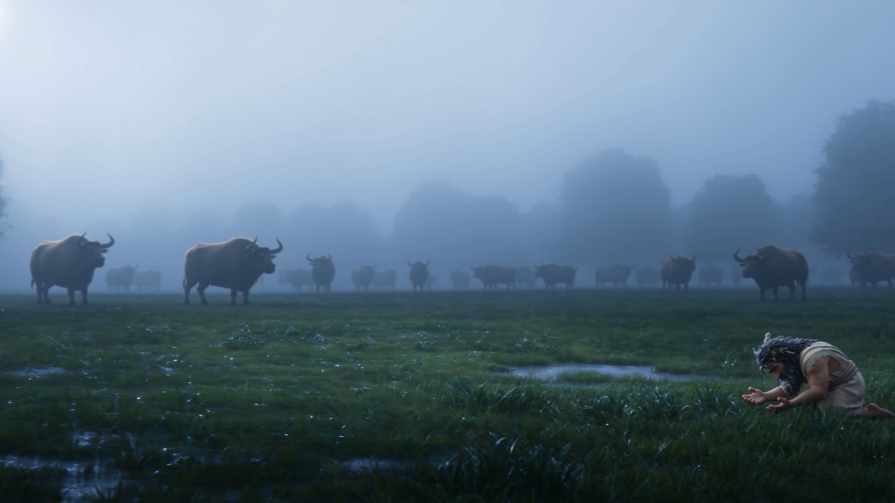 Dawn mist on the pasture, the herd grazing quiet